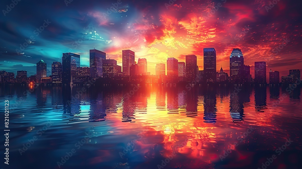 skyscrapers at sunset graphic perspective of buildings and reflections on water abstract architectural background for financial corporate and business brochure template.stock photo