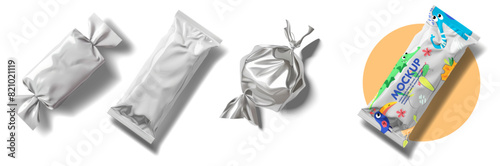 Set candy and snack packaging mockups, including wrapped candies and bar-shaped packaging, displayed in different styles. Ideal for showcasing product branding. Chocolate candy wrapper mockup. Vector