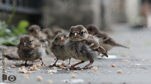 Mischievous baby sparrows pecking at crumbs on a sidewalk, their chirps and antics entertaining passersby. © Khan