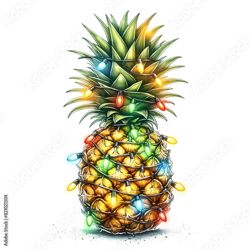 An illustration for Christmas in July  rendered in watercolor style  Pineapple decorated like a Christmas tree. 