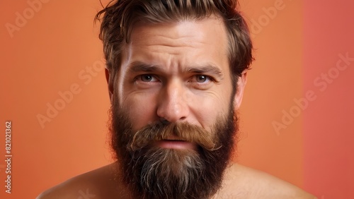 Bearded and naked man with unpleasant surprise face photo