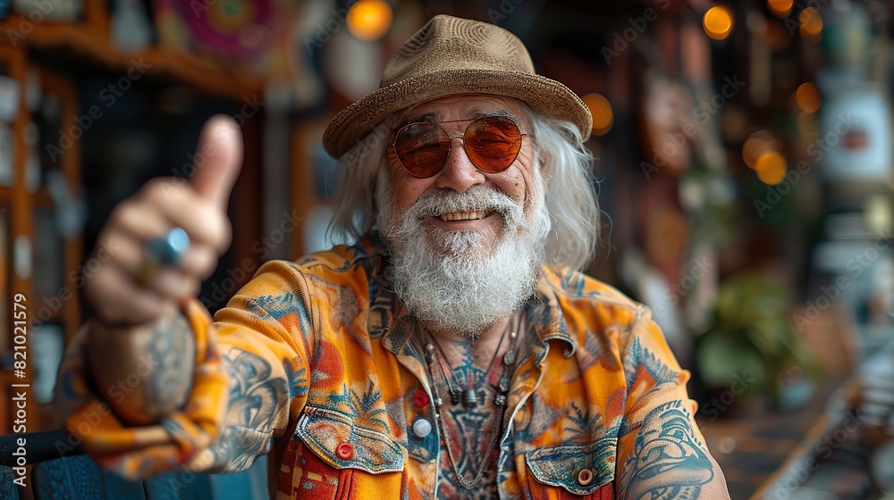 a happy hipster and cool grandfather original style and tattoos white beard and sunglasses thumb up active and fun lifestyle concept for seniors sunset of life in colors.stock image