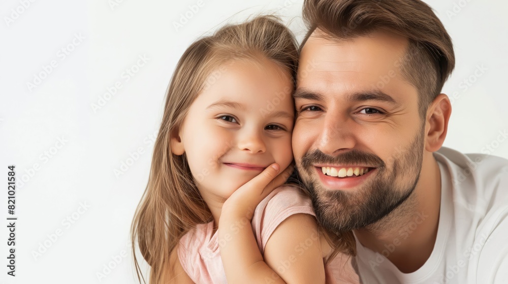 Little cute girl is hugging her daddy, happy smiling family and father's day concept, white background, copy space. Little cute girl is hugging her daddy, happy smiling family and father's day concept, white background, copy space.