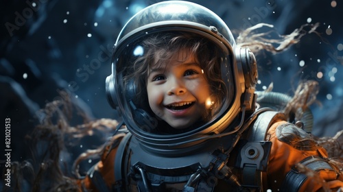 Fototapeta Naklejka Na Ścianę i Meble -  A young boy in a space suit smiles at the camera in a simulated space environment, poster