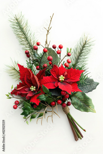 Small bouquet with red and green flowers on white background