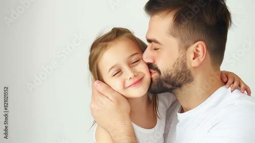 Dad is hugging and kissing his little daughter, father's day concept, copy space, happy family, smiling kid, white background. 