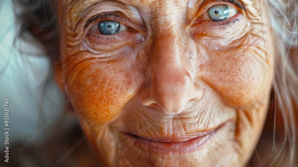 Close-up of a woman's face with a gentle smile and eyes full of kindness. Close-up of a woman's face with a gentle smile and eyes full of kindness.