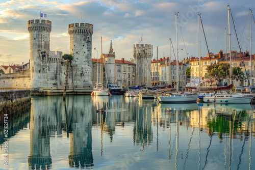 The picturesque old harbor of La Rochelle with historic towers and sailboats