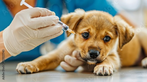 Close-up of a veterinarian administering a vaccine to a docile puppy at the clinic.