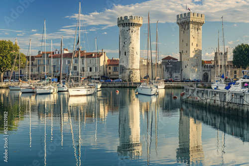 The picturesque old harbor of La Rochelle with historic towers and sailboats