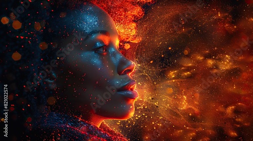 An African woman immersed in a vibrant symphony of sound, her emotions swirling in a kaleidoscope of colors and abstract lights that dance upon her .illustration stock image