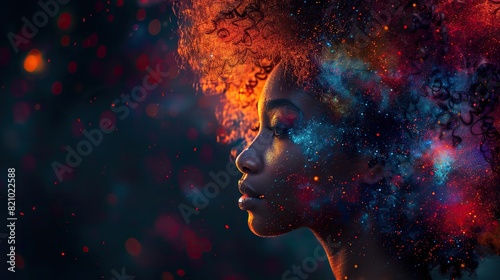 An African woman immersed in a vibrant symphony of sound, her emotions swirling in a kaleidoscope of colors and abstract lights that dance upon her hair against the black void..stock image photo