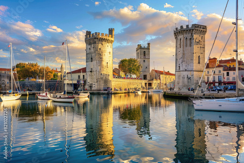 The picturesque old harbor of La Rochelle with historic towers and sailboats photo