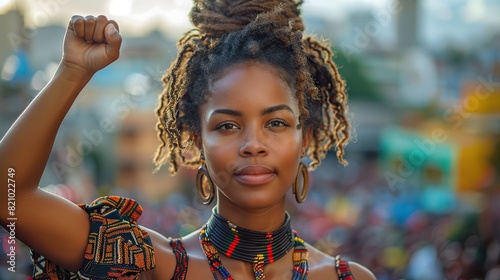 Amidst the throng, a resolute young African woman stood defiant, her proud and confident gaze fixed on the horizon as she raised her fist in defiance of racism.stock photo photo