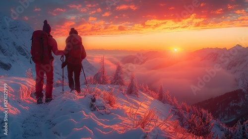 Atop a wintry mountain, a male and female hiker embrace the twilight's glow, reveling in their triumph and the awe-inspiring panorama stretching towards the horizon..illustration stock image