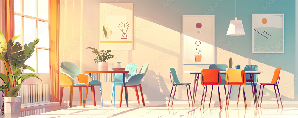 simple dining area flat design front view sunny morning cartoon drawing Tetradic color scheme simple dining area flat design front view sunny morning cartoon drawing Tetradic color scheme