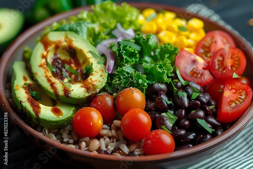 Appetizing Salad Bowl with Avocado, Cherry Tomatoes, and Roasted Peppers