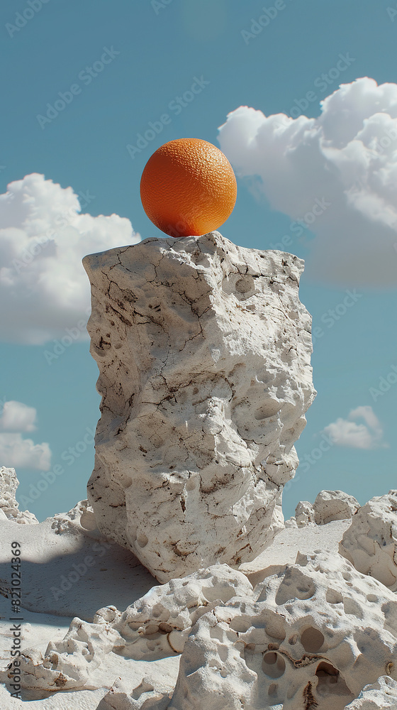 Front view of a fresh orange on gray stone podium in the blue sky background. Mockup scene for advertising cosmetic product, space for design, empty space, copy space.