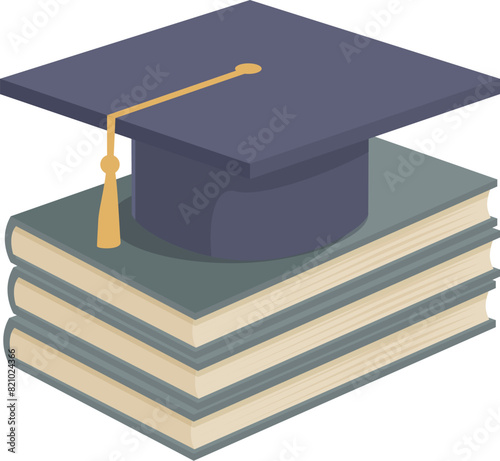 Isometric illustration of a graduation cap placed on a pile of hardcover books