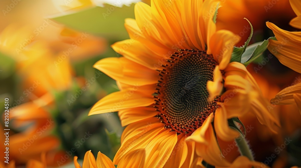 Naklejka premium Close-up of sunflowers with a focus on their bright yellow petals and green leaves.