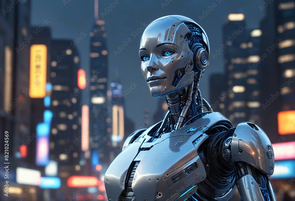 AI Robot in Urban Nightscape