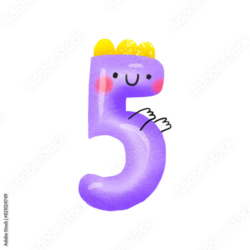 Funny cartoon number 5 like dinosaur. Cirfra five dino. Monster.  Baby shower print capturing. Baby month anniversary card. Nursery print