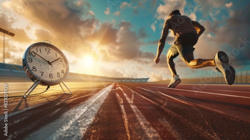 Athlete running on a track next to a big clock. race setback concept in high resolution and high quality photo