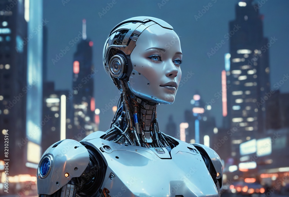 Robot Humanoid Figure in an Urban Nightscape Robot Humanoid Figure in an Urban Nightscape