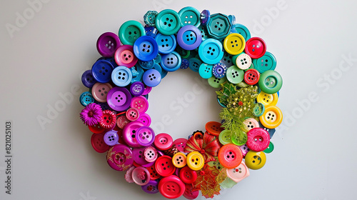 A colorful button wreath, perfect for adding festive charm to doors or walls during the holiday season.