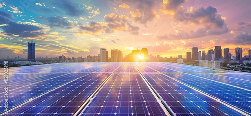 Solar panels with a city skyline in background, showcasing the integration of renewable energy sources within urban environments, sustainable and eco-friendly future