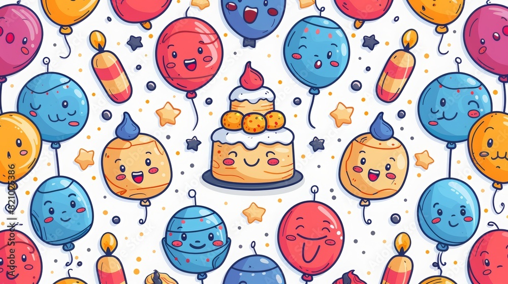 Birthday party concept seamless pattern, cake with colorful holiday items, gift, balloon and garlands Birthday party concept seamless pattern, cake with colorful holiday items, gift, balloon and garlands