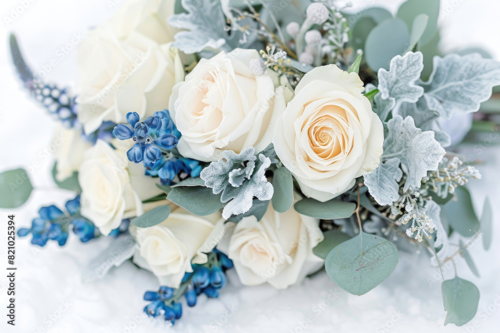 Small bouquet with white and blue flowers on white background
