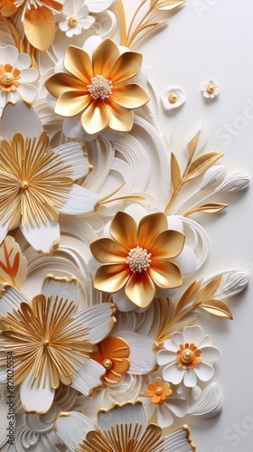 3d golden flowers on a marble background bright challenging colors wallpaper