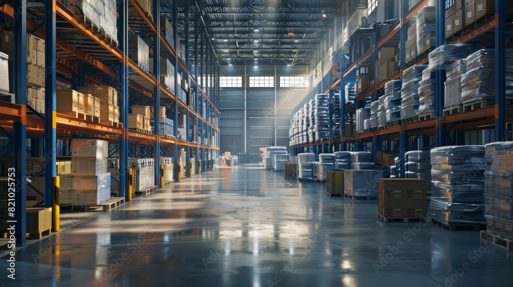 Fototapeta premium A large warehouse with many boxes and pallets