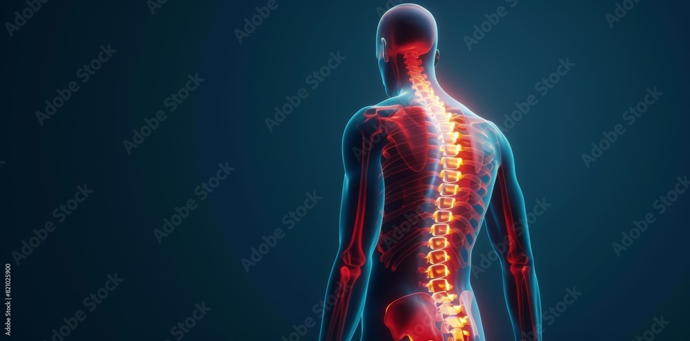 3D rendered illustration of human back pain, glowing red in the spine area. The background is a dark blue 3D rendered illustration of human back pain, glowing red in the spine area. The background is a dark blue