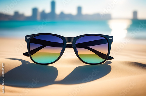 Sunglasses are lying on the beach in close-up