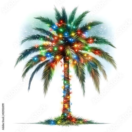 An illustration for Christmas in July, rendered in watercolor style, Christmas lights on palm trees.