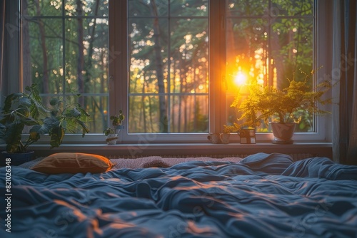 a bed sitting in a bedroom next to a window with a view of a forest and a sunset in the window and a plant on the side of the bed