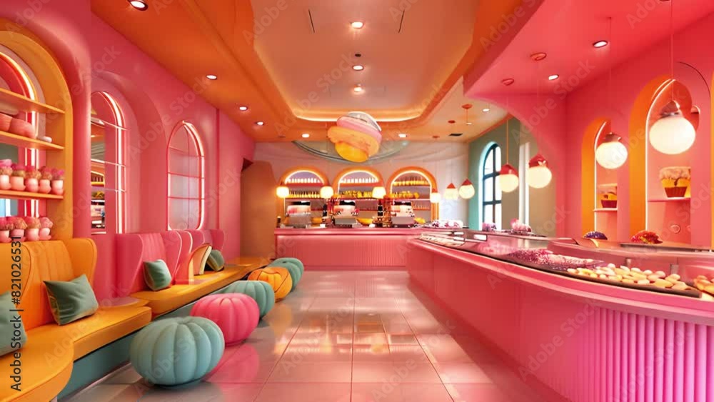 This candy shop with colorful walls in pink and yellow. Vibrant Pink and Yellow Candy Shop