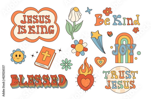 Retro 70s set of Christian stickers isolated on transparent background. Lettering. Bible, rainbow, daisy flower, sun, flower. Christian symbols. Vector Illustration nostalgia.