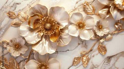 3d golden flowers on a marble background bright challenging colors wallpaper