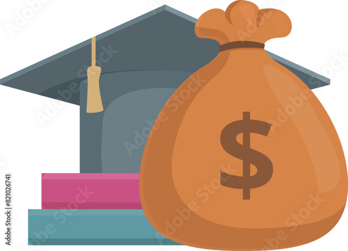 Illustration of the concept of education investment with graduation. Money bag. Tuition. Scholarship. Student loans. Financial aid. College costs. Savings. Academic funding. Budget. Cap and gown