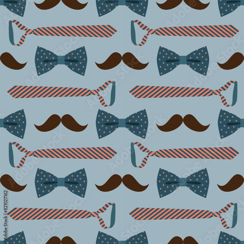 Father's day seamless pattern. Bow tie, mustache and tie on a blue background. Vector illustration for wrapping paper, background, greeting card.
