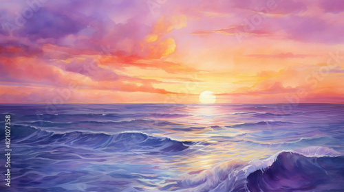 Stunning sunset over the ocean with vibrant colors  waves  and a beautiful sky. Perfect for relaxation and inspiration.