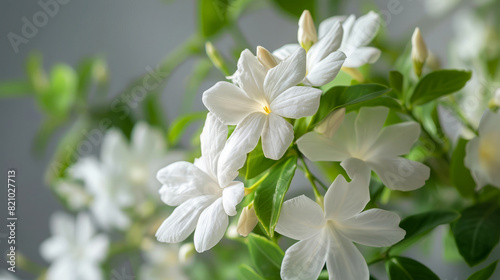 Close-up image of crape jasmine plant with white blossoms and green leaves, showcasing delicate flowers and lush foliage in natural light © thanakrit