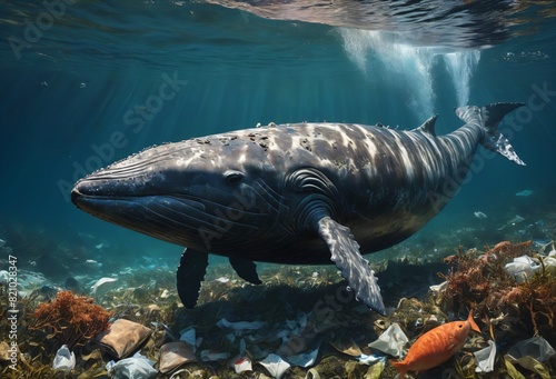 Majestic Blue Whale Cruising Near Underwater Coral and Algae