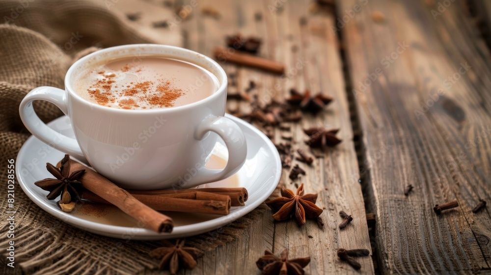 Cup of chai tea with cinnamon sticks and star anise on a wooden table. Cup of chai tea with cinnamon sticks and star anise on a wooden table.