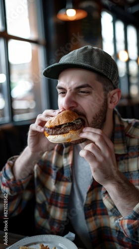 A man is eating a hamburger in a restaurant