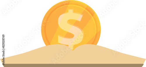 A single golden coin with a dollar sign partially buried in a mound of sand