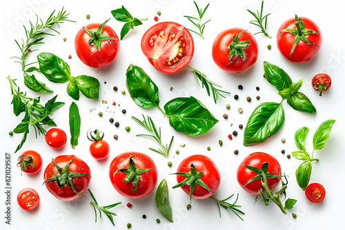 A close up of a variety of fresh vegetables including tomatoes  basil